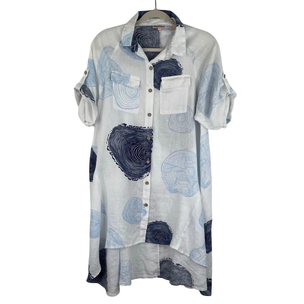AZUCAR 100% Linen Blue White High-Low Tunic Blouse S/M Oversized Coastal